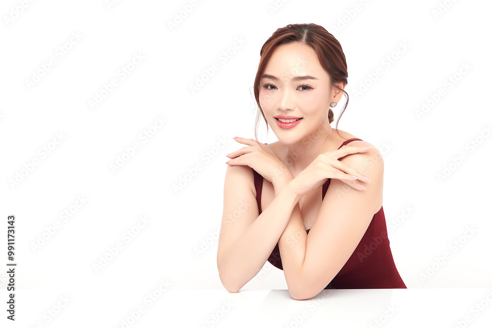 Beautiful young asian woman with clean fresh skin on white background, Face care, Facial treatment, Cosmetology, beauty and spa, Asian women portrait.