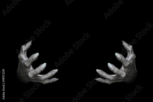 Bony pale male hands of vampire or dead with long fingers and sharp nails, isolated on black. Monster try to hold something, low key, selected focus.