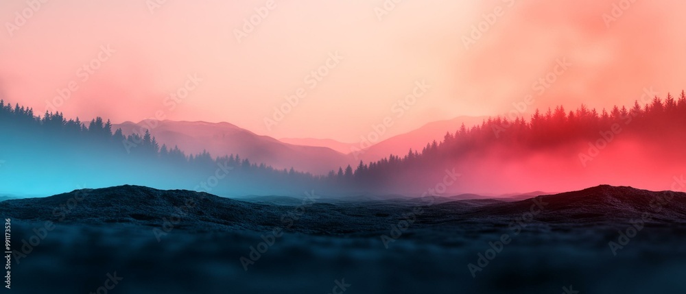 Obraz premium Serene landscape with misty mountains and a colorful sky.