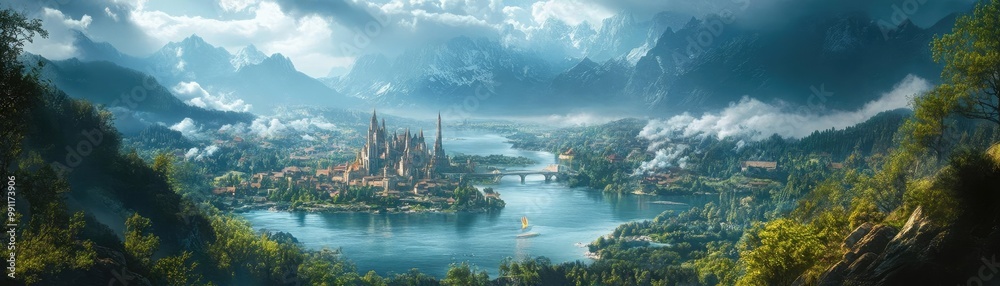Obraz premium Panoramic vistas of enchanted realms fused with culinary masterpieces, captured by a soaring drone