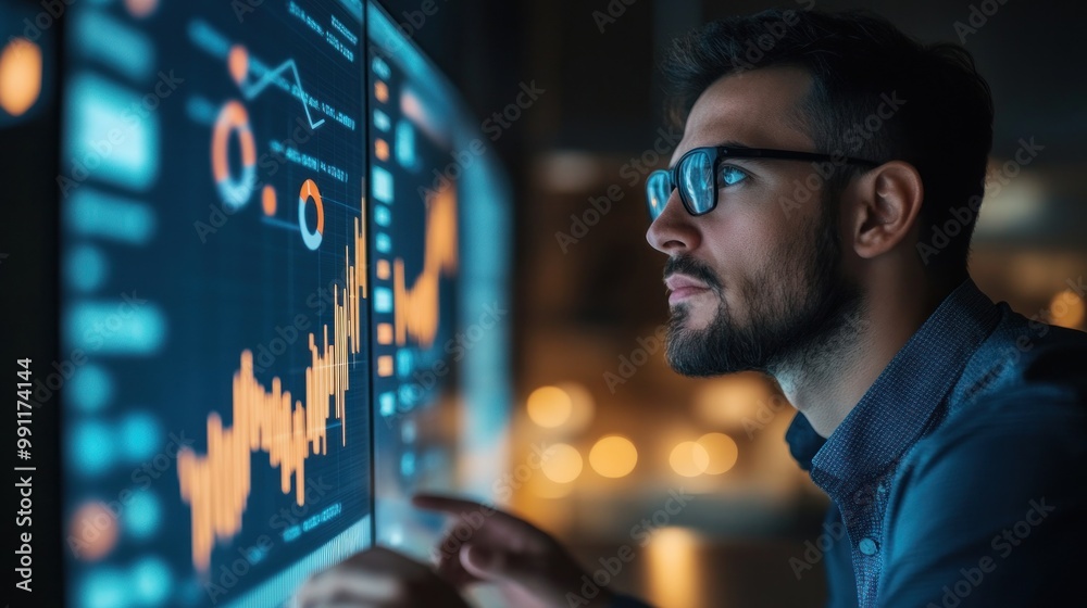 A man analyzing data on a digital screen, focused on insights and trends. A man analyzing data on a digital screen, focused on insights and trends.