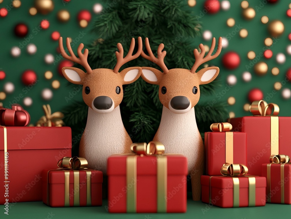 Fototapeta premium Two festive reindeer with Christmas gifts and a tree backdrop.