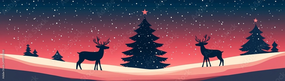 Fototapeta premium Winter scene with reindeer and snow-covered trees at dusk.