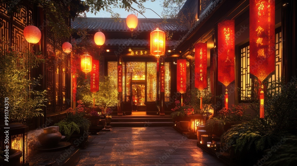 A quiet courtyard illuminated by soft lantern light, decorated with red and gold banners for the Chinese New Year celebration. A quiet courtyard illuminated by soft lantern light, decorated with red and gold banners for the Chinese New Year celebration.