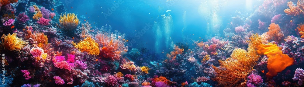 Rear view of a vibrant underwater world, merging with culinary delights, captured by a drone, bright colors and textures intertwining Rear view of a vibrant underwater world, merging with culinary delights, captured by a drone, bright colors and textures intertwining