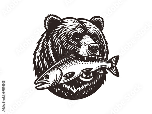 bear carrying a big fish on mouth. grizzly and salmon. fishing. Vintage retro engraving illustration. Black icon, isolated element	
