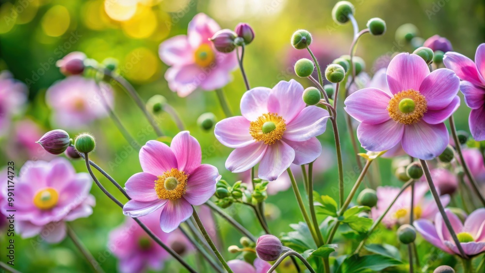 Lush anemone japonica flowerbuds thriving in a summer garden setting Lush anemone japonica flowerbuds thriving in a summer garden setting