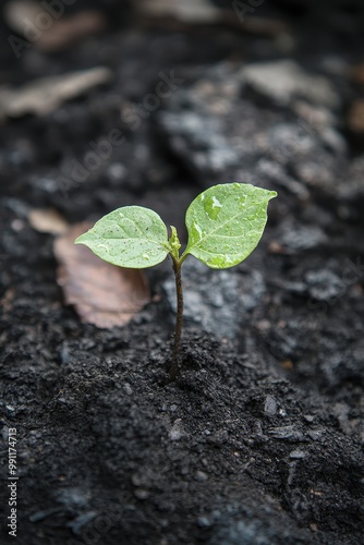 Young Green Plant Seedling Growing in Dark Soil, Symbolizing New Life, Growth, and Environmental Conservation