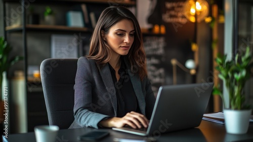 A professional woman working on a laptop in a modern office setting.