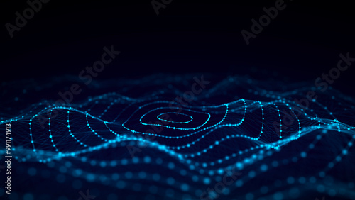 Abstract circle wave with moving dots. Flow of particles. Cyber technology illustration. 3d rendering.