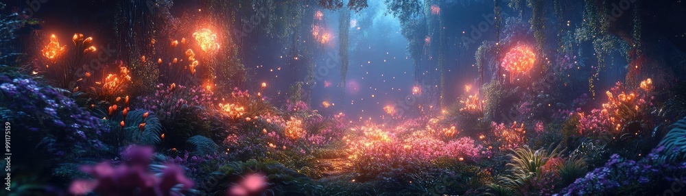 Side view of a vibrant fantasy forest intertwining with futuristic city structures, macro photography of luminous flora and metallic fauna, surreal and enchanting atmosphere Side view of a vibrant fantasy forest intertwining with futuristic city structures, macro photography of luminous flora and metallic fauna, surreal and enchanting atmosphere