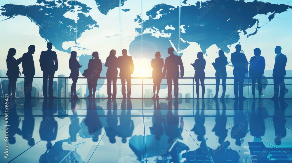 A corporate leadership team brainstorming new opportunities for global expansion, focusing on leadership roles in high-growth international sectors.