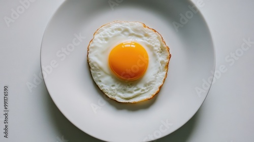 A lone fried egg on a pristine white plate, its bright yolk contrasting against the minimal backdrop