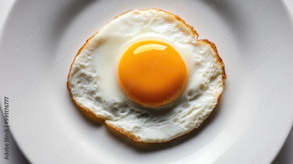 A lone fried egg on a pristine white plate, its bright yolk contrasting against the minimal backdrop