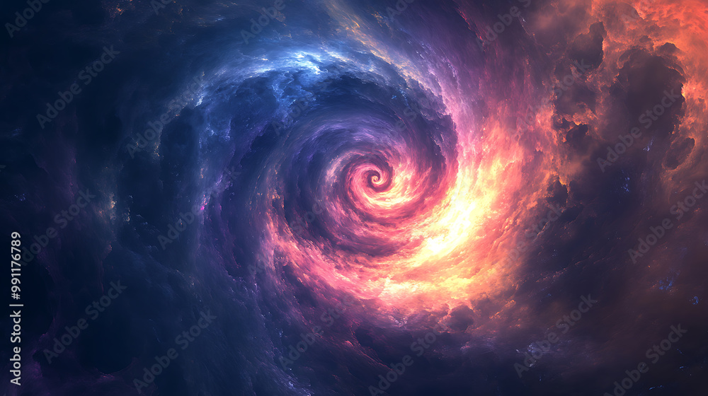 A spiral of light and colour swirling in the centre of a dark void, representing the birth of an idea or vision A spiral of light and colour swirling in the centre of a dark void, representing the birth of an idea or vision