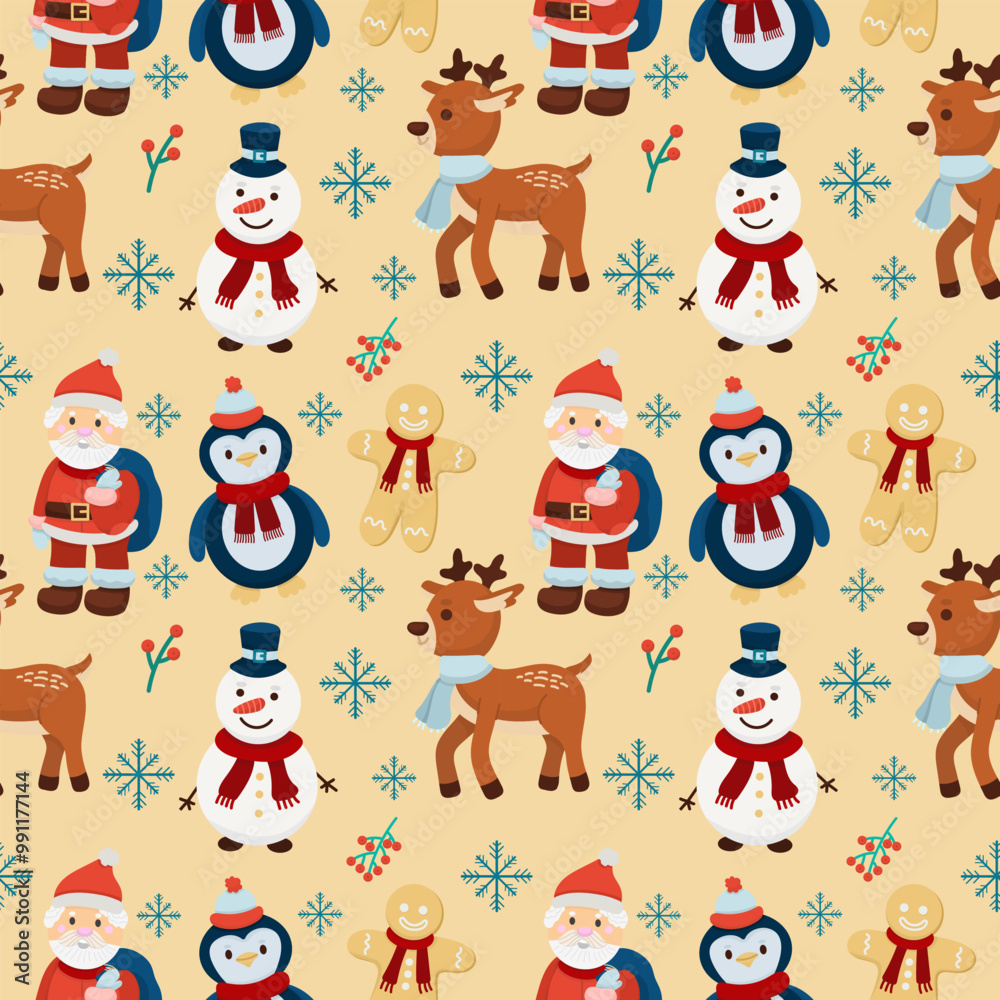 Seamless Christmas or winter pattern with holiday characters - penguin, Santa Claus, reindeer, gingerbread man and snowflakes on light background. Cute New Year design Seamless Christmas or winter pattern with holiday characters - penguin, Santa Claus, reindeer, gingerbread man and snowflakes on light background. Cute New Year design