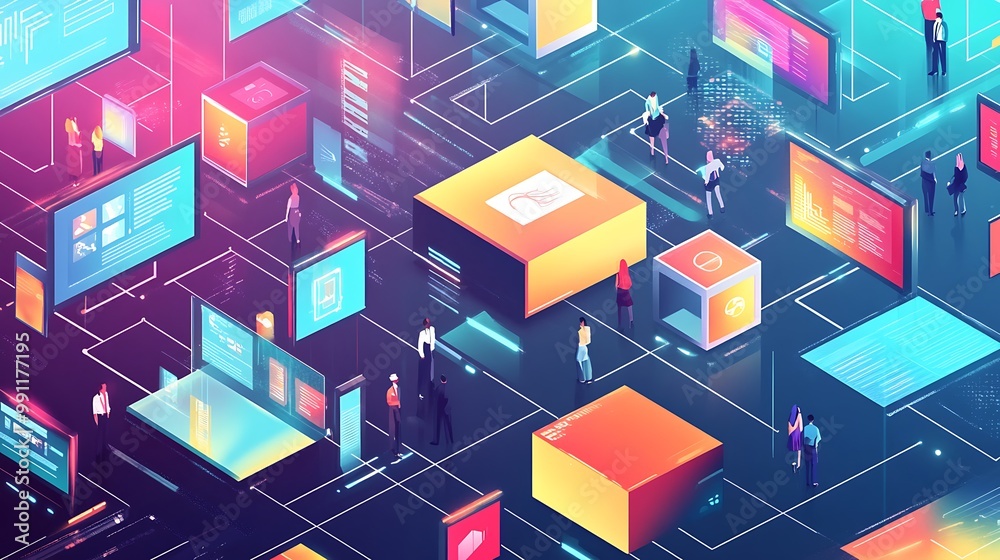 A vibrant digital landscape featuring colorful data blocks, screens, and figures, illustrating technology, connectivity, and the flow of information. A vibrant digital landscape featuring colorful data blocks, screens, and figures, illustrating technology, connectivity, and the flow of information.