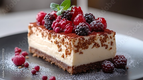 Slice of cheesecake with berry topping, dusted with cocoa powder and powdered sugar.