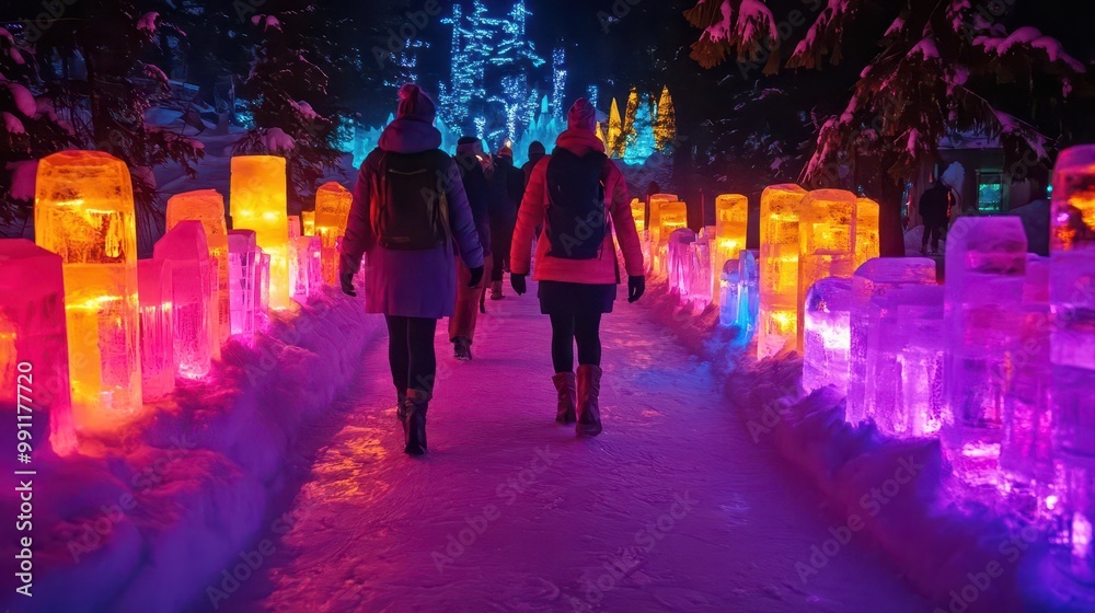 A magical winter scene with illuminated ice sculptures and snow-covered pathways, creating a whimsical atmosphere at night. A magical winter scene with illuminated ice sculptures and snow-covered pathways, creating a whimsical atmosphere at night.