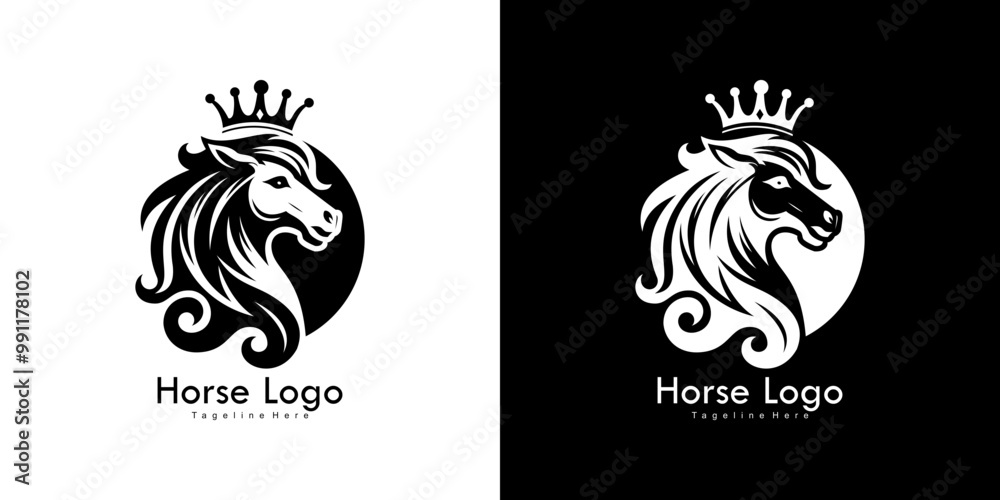 Logo design in the shape of a horse's head wearing a crown Logo design in the shape of a horse's head wearing a crown