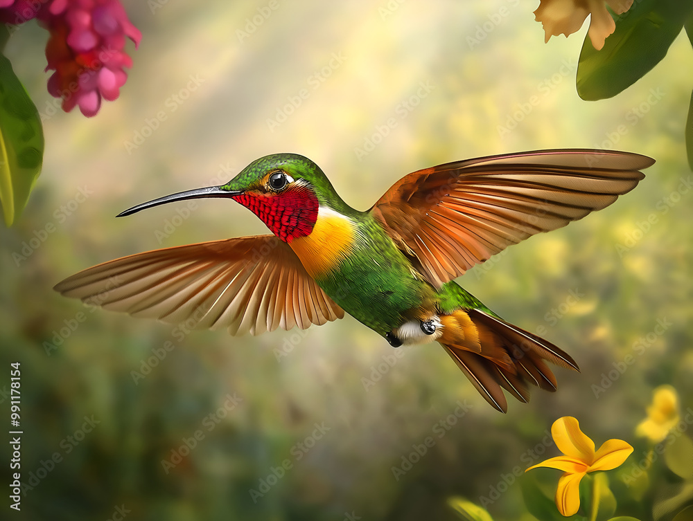 Fototapeta premium Hummingbird in Flight: A vibrant hummingbird hovers amidst blooming flowers, its iridescent plumage shimmering in the sunlight. The delicate wings create a blur of motion, capturing the beauty and gra