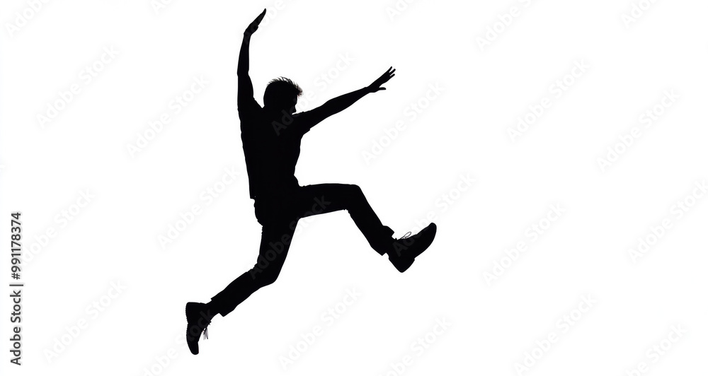 Silhouette of a man leaping forward with arms up, captured mid-motion, on a plain white background. Silhouette of a man leaping forward with arms up, captured mid-motion, on a plain white background.