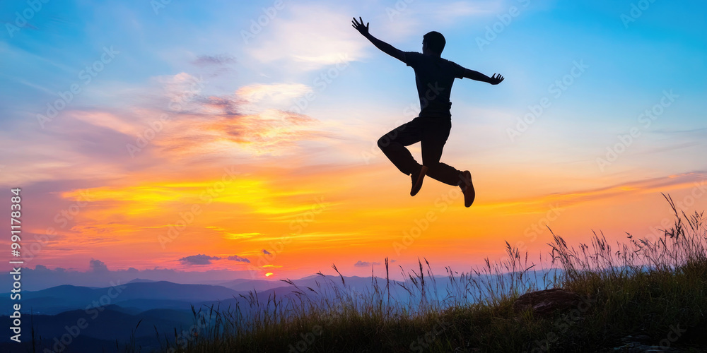Silhouette of a man jumping in front of a colorful sunrise sky with blue, purple, and orange hues, overlooking mountains and tall grass. Silhouette of a man jumping in front of a colorful sunrise sky with blue, purple, and orange hues, overlooking mountains and tall grass.
