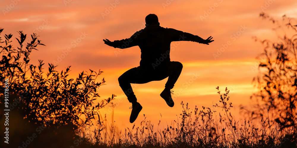 Silhouette of a man mid-jump in a grassy field, set against a vivid orange sunset sky with plants in the foreground. Silhouette of a man mid-jump in a grassy field, set against a vivid orange sunset sky with plants in the foreground.