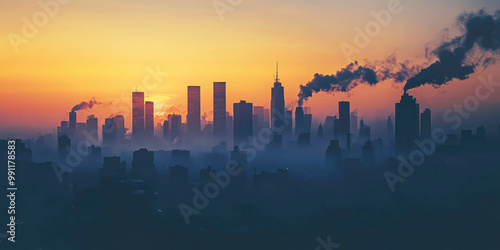 Dark, moody city skyline at dusk, with smoke rising from skyscrapers and an orange sunset sky, creating an industrial atmosphere. photo