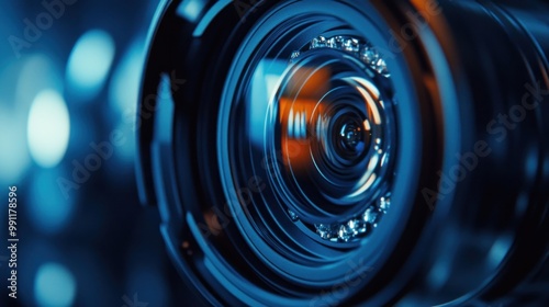 Close-up of a camera lens showcasing intricate details and reflections.