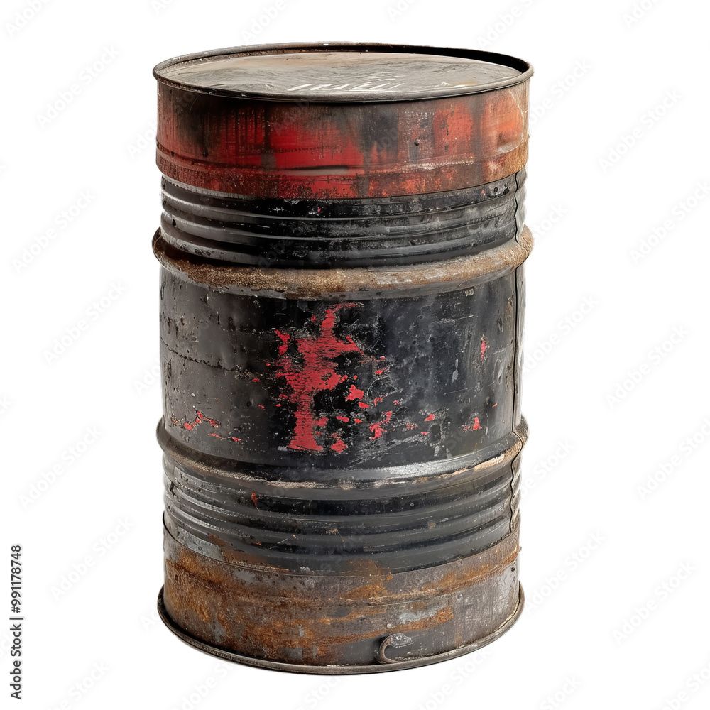 Old rusty black metal barrel with traces of red paint, standing on white background Old rusty black metal barrel with traces of red paint, standing on white background