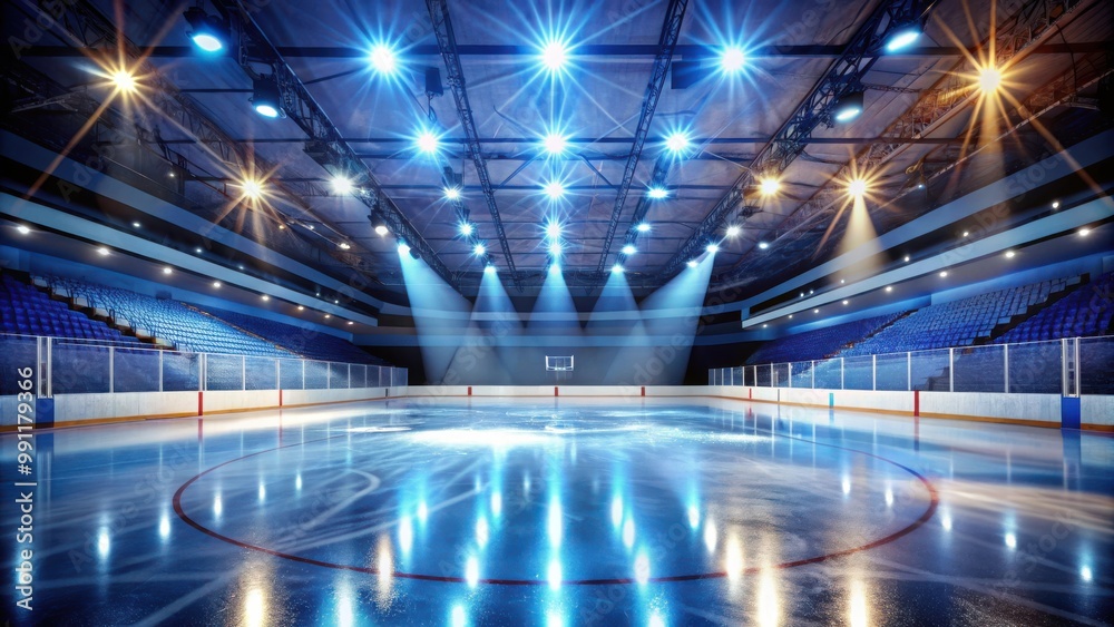 Empty ice hockey rink illuminated by bright arena lights Empty ice hockey rink illuminated by bright arena lights