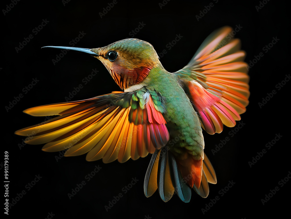 Fototapeta premium Hummingbird in Flight: A breathtaking close-up of a hummingbird in mid-flight, its iridescent feathers shimmering against a dark background. Its wings are outstretched, creating a blur of color as it 