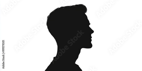 Silhouette of a man in profile view against a white background. His sleek haircut and defined facial features create a strong, minimalist design..