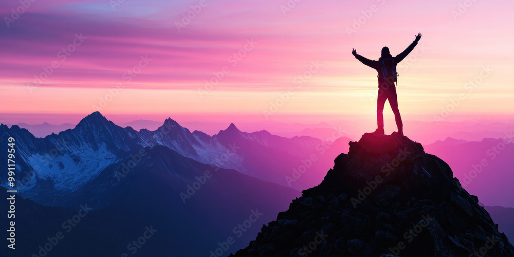 Silhouette of a person standing triumphantly on a mountain peak, with ...