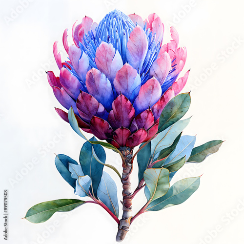 A colorful protea flower blooms with vibrant petals and lush green leaves against a light background #991179508