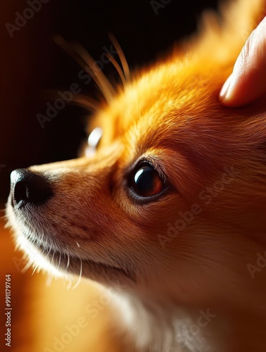 A domestic pet being groomed at home, with closeup details of a person brushing the animals fur, creating a tender, caring atmosphere