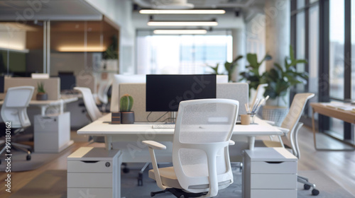 A corporate workspace designed with ergonomics in mind, featuring adjustable seating, task lighting, and keyboard trays for maximum comfort.