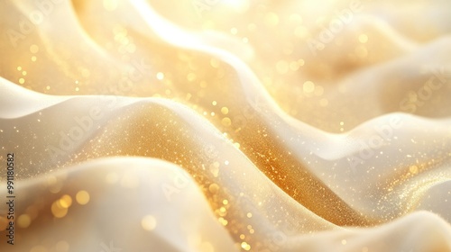 A shimmering, golden fabric with soft waves and sparkling particles, creating a luxurious feel.