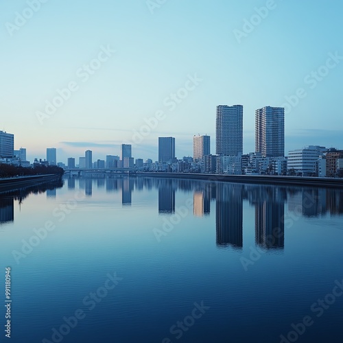 Osaka, Japan skyline at Umeda from across the Yodogawa River in the early morning.