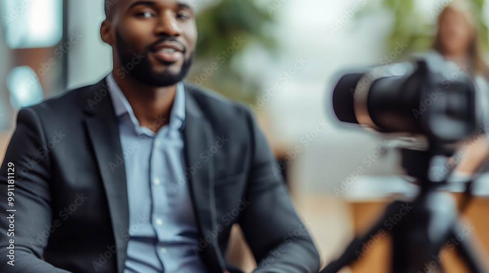 A company representative participating in a live TV interview, managing public relations and brand reputation A company representative participating in a live TV interview, managing public relations and brand reputation
