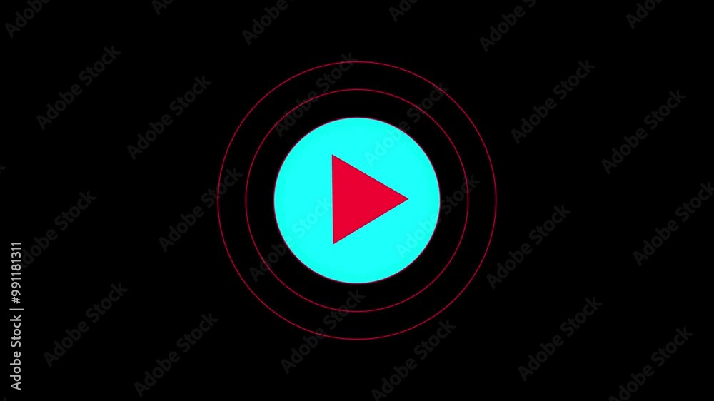 Video player button icon with radio waves animation, music play button animation. Video player button icon with radio waves animation, music play button animation.