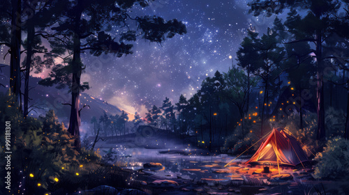 Camping in forest at night with stars and fireflies,illustration,digital painting.
