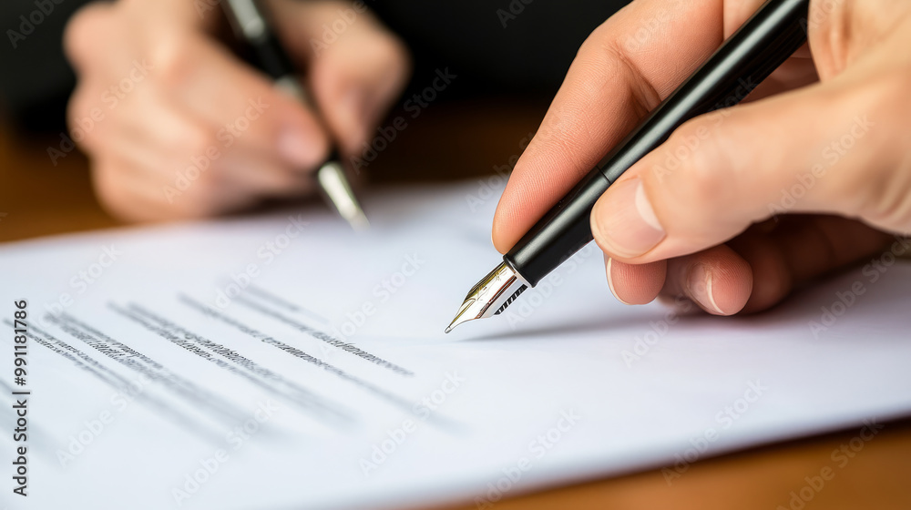 A corporate leader negotiating the final details of a contract, pen in hand, ready to sign A corporate leader negotiating the final details of a contract, pen in hand, ready to sign