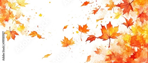 A watercolor depiction of autumn leaves swirling against a light background.