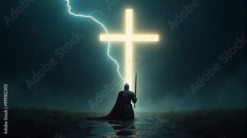 A storm is coming in the dark, and a knight with a sword is kneeling in front of the cross
