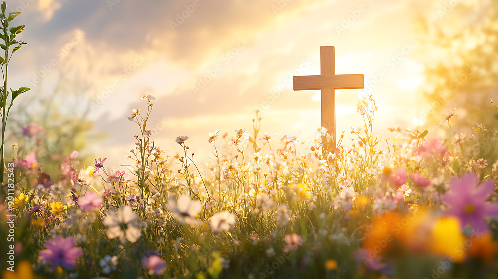 Easter background with a cross surrounded by a field of delicate wildflowers