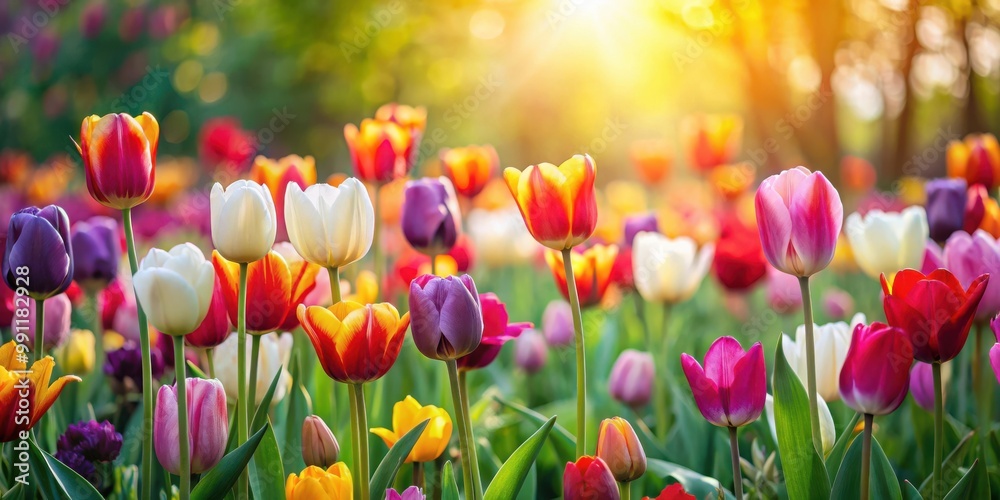 Tulips blooming in a vibrant spring garden, creating a beautiful spring flowers background Tulips blooming in a vibrant spring garden, creating a beautiful spring flowers background