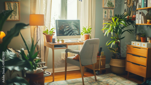 A cozy home office workspace with a comfortable chair, large desk, and decorative touches like plants and artwork to create a motivating environment.