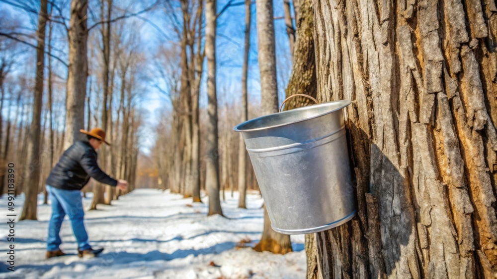 Collecting sap from a maple tree in the early spring Collecting sap from a maple tree in the early spring